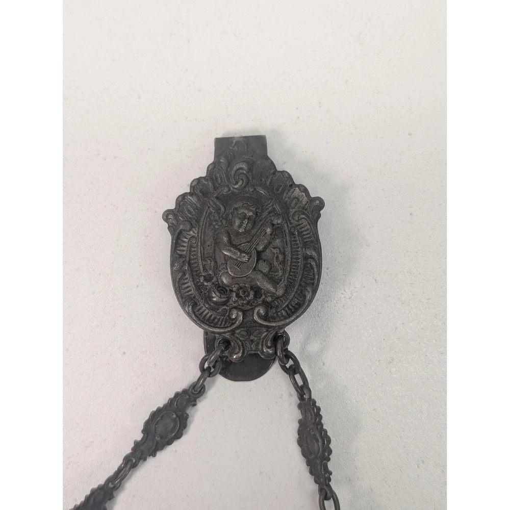 Angel Chatelaine Pin Black Leather Purse Ornate Metal Chain Cherub Belt Clip